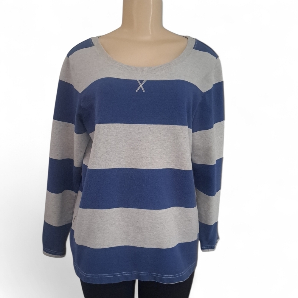 Eddie Bauer Blue Gray Striped Cotton Knit Scoop Neck Pullover Sweater